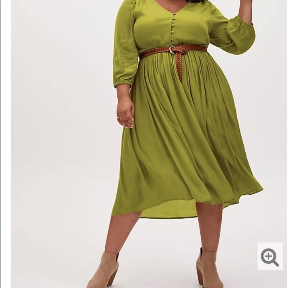 CHARTREUSE SATIN BUTTON TEA LENGTH DRESS